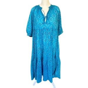Matta Boho Midi Dress, Blue 3/4 Sleeve 100% Cotton Bohemian Tent Dress, Medium